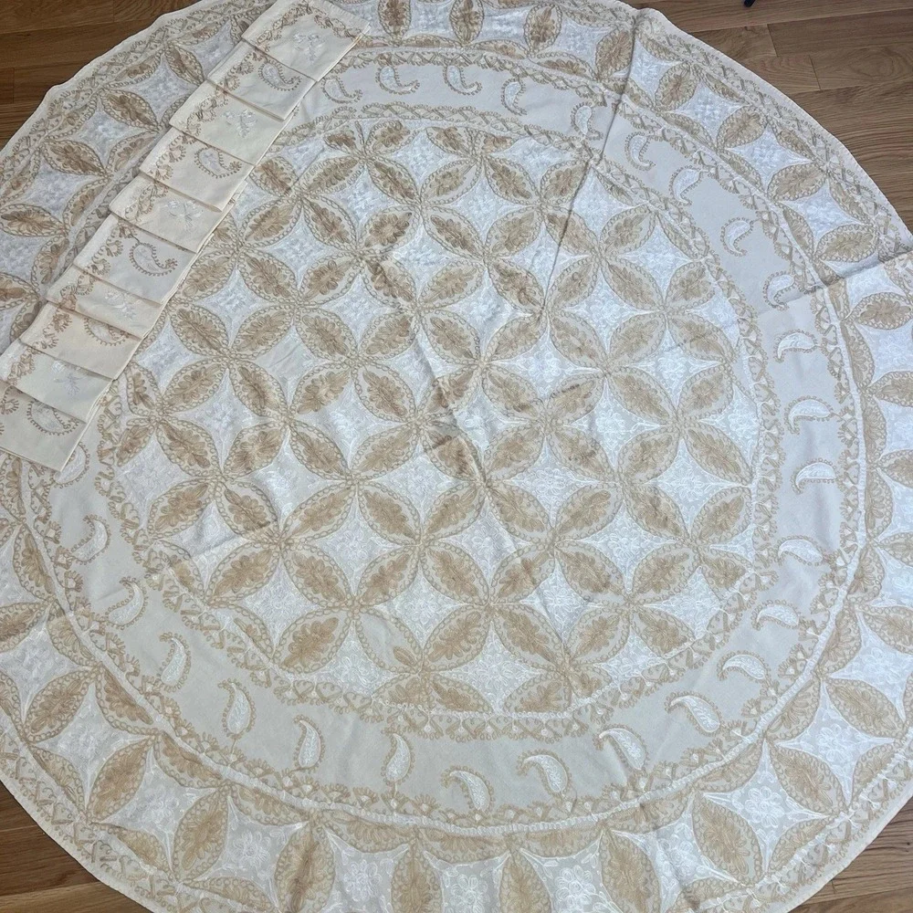 Vintage Aghabani Embroidered Orientalist Cotton Silk Tablecloth + 10 Napkins